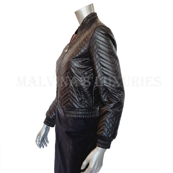 GUCCI JACKET QUILTED BLACK LEATHER BOMBER TIGER CHARM PULL sz IT 38 US 2 - Picture 7 of 15